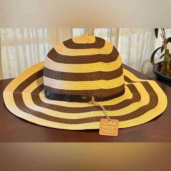 Striped Wide-Brim Sun Hat - Brown & Natural - Picture 1 of 8